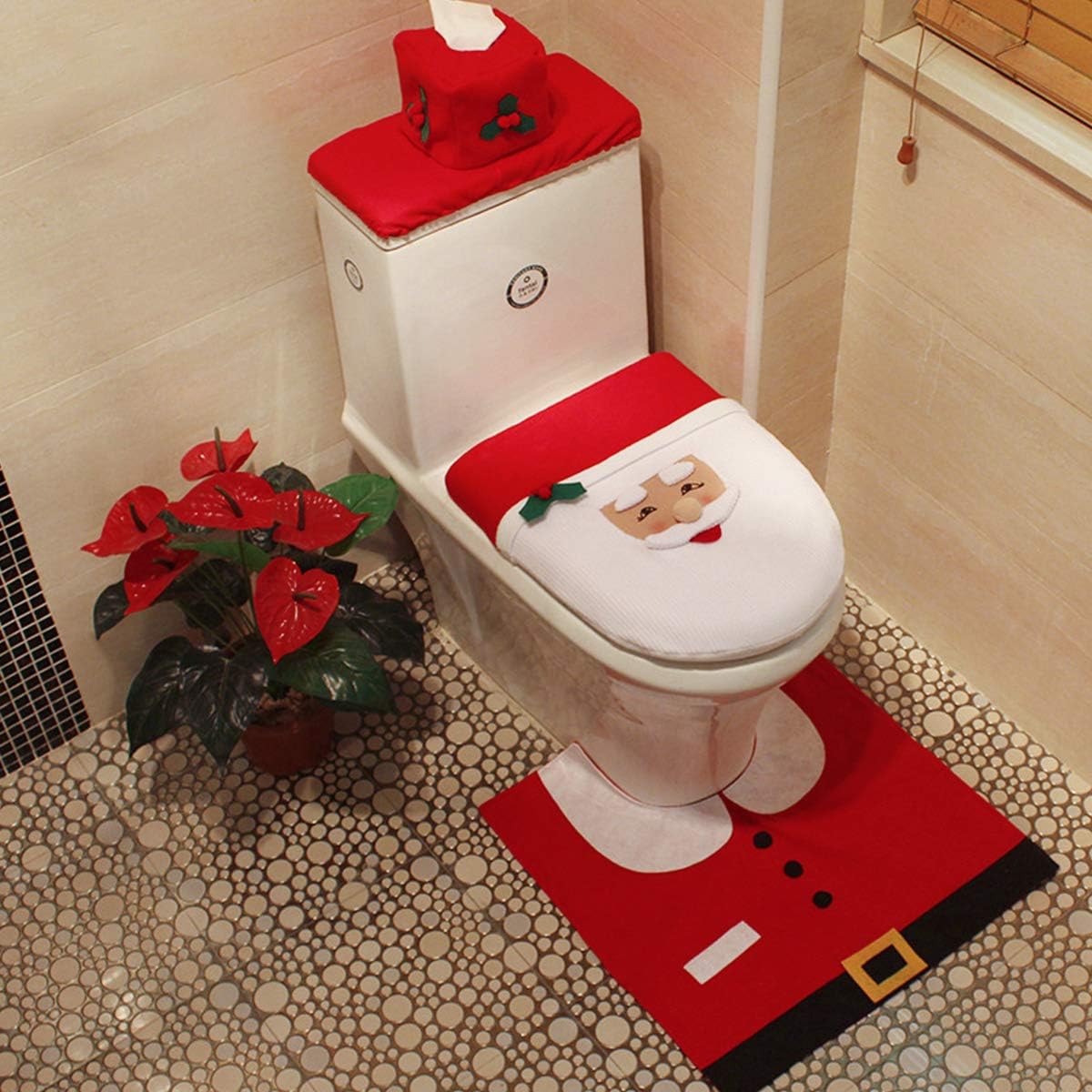 Martine Mall 3D Nose Santa Toilet Seat Cover Set Red Christmas Decorations Bathroom Set of 3