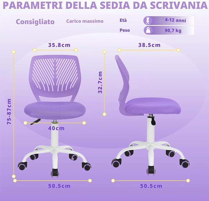 Sedia da scrivania per bambini, regolabile in altezza, girevole, con schienale con piccolo foro, adatta per camera dei bambini o sala studio, colore: viola — foto 2 di 8