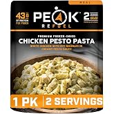 Peak Refuel Chicken Pesto Pasta Freeze-Dried Camping Meal, 43g Protein | 43g protein, Real chicken pesto pasta, Premium freeze-dried ingredients, Lightweight camping meal, Just add water, 2 servings