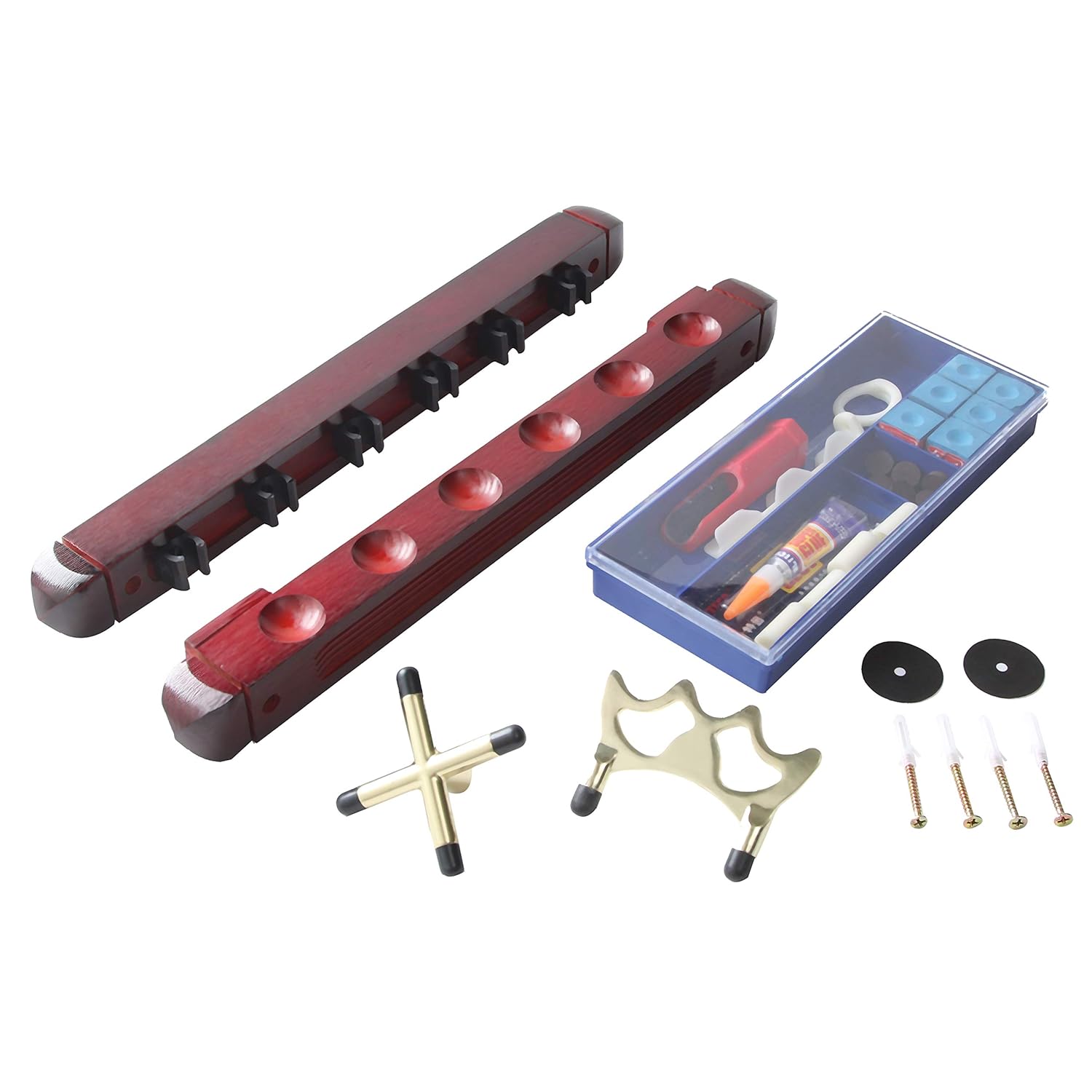 BETTERLINE Billiard Wooden Cue Rack for 6 Pool Sticks, Cue Bridge Spider Head, Cue Cross X Rest