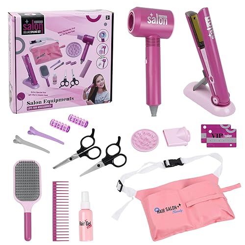 Focenat 15PCS Children Salon Hairdresser Set, Kids Hairdressing Set with Hairdryer, Hair Straightening iron and Accessories, Salon Vanity Case Hairdresser Set Pretend Play Toys for Girls Age 3-8