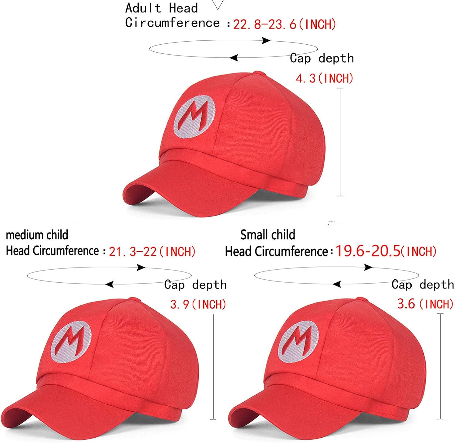 Super Mario Bros Hat Luigi Cap Cosplay Kids Adult Halloween Costume Baseball Anime Unisex Role Play Hat 2Pcs 22.83-23.62Inch(Red,Green: Clothing
