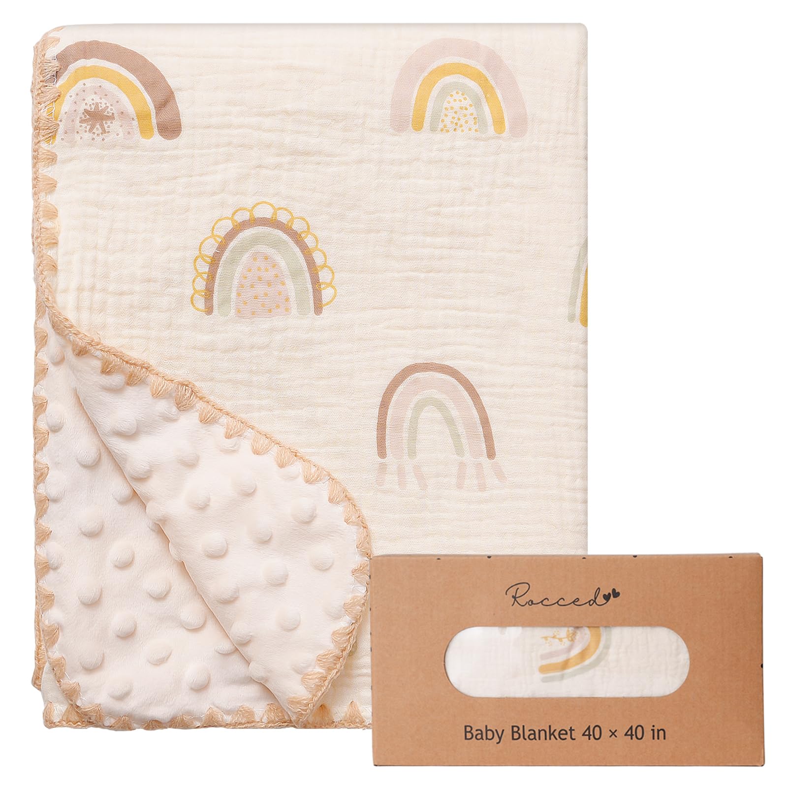 Photo 1 of Baby Blanket with Dotted Double Layers Muslin Soft Swaddle Blanket Cotton Neutral Receiving Blankets for Toddler Baby Quilt Throw Blanket Bed Throw Blanket for Newborn Unisex 40x40 Inch-Rainbow