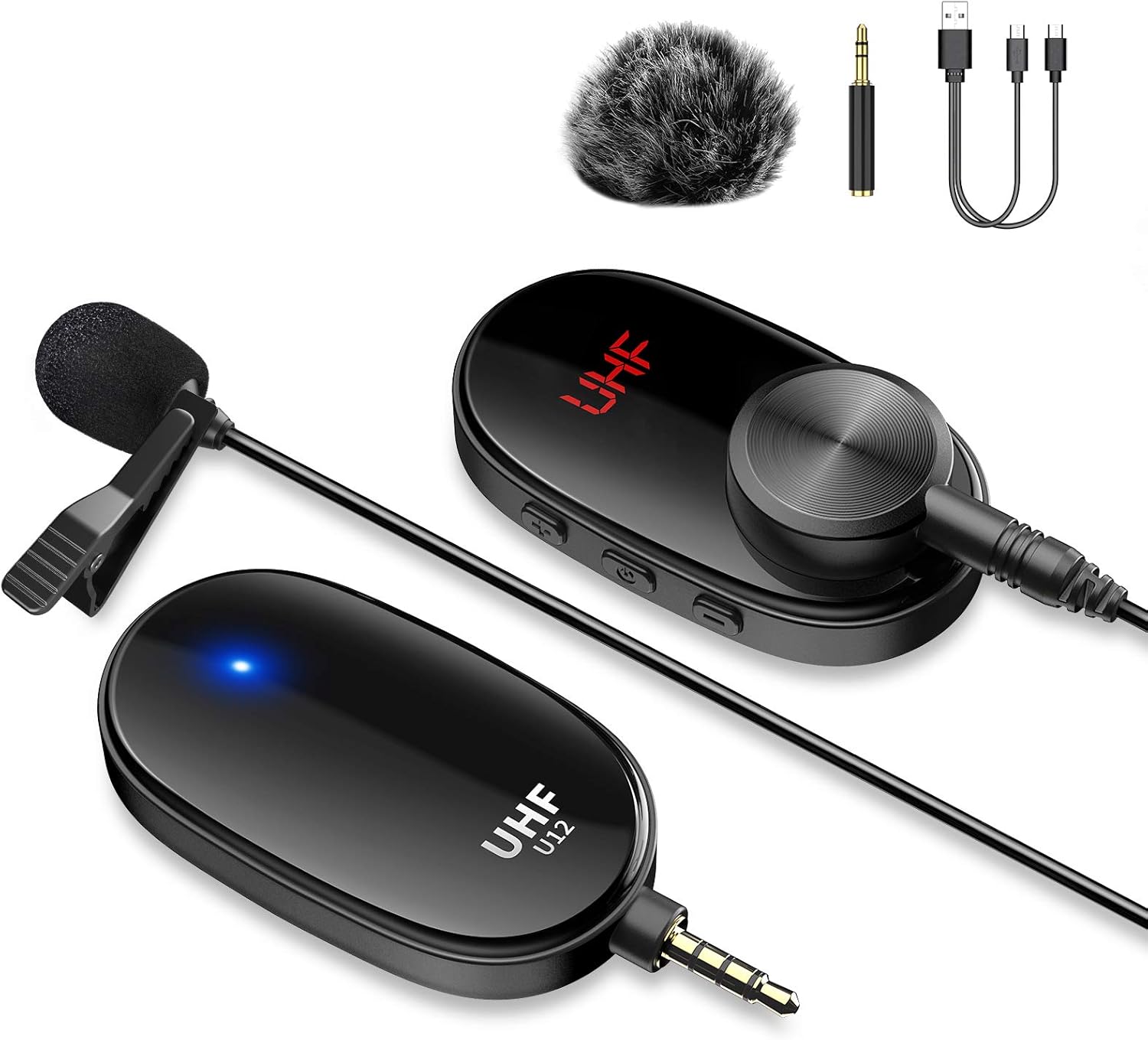 Wireless Lavalier Microphone System for iPhone Computer Rechargeable Wireless Lapel Clip-on Mic with Transmitter & Receiver for PC Android Phone DSLR Camera iPad Video Recording YouTube Zoom Teaching