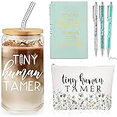 Domensi 6 Pcs Tiny Humans Tamer Teacher Appreciation Week Gift Thank You Gift for Teachers Preschool Daycare Kindergarten 16oz Glass Jar Cup with Straw Leather Journal Ballpoint Pen Makeup Bag(Green)
