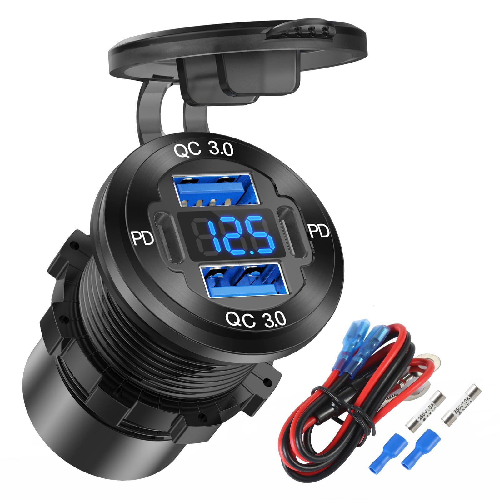 Photo 1 of Upgraded 4 Port 12V USB Outlet Aluminum Charger, 78W Dual PD & QC Multiple USB Port for Car, USB C Cigarette Lighter Replacement 12 Volt Socket with Voltmeter Waterproof for Marine Boat Motorcycle RV