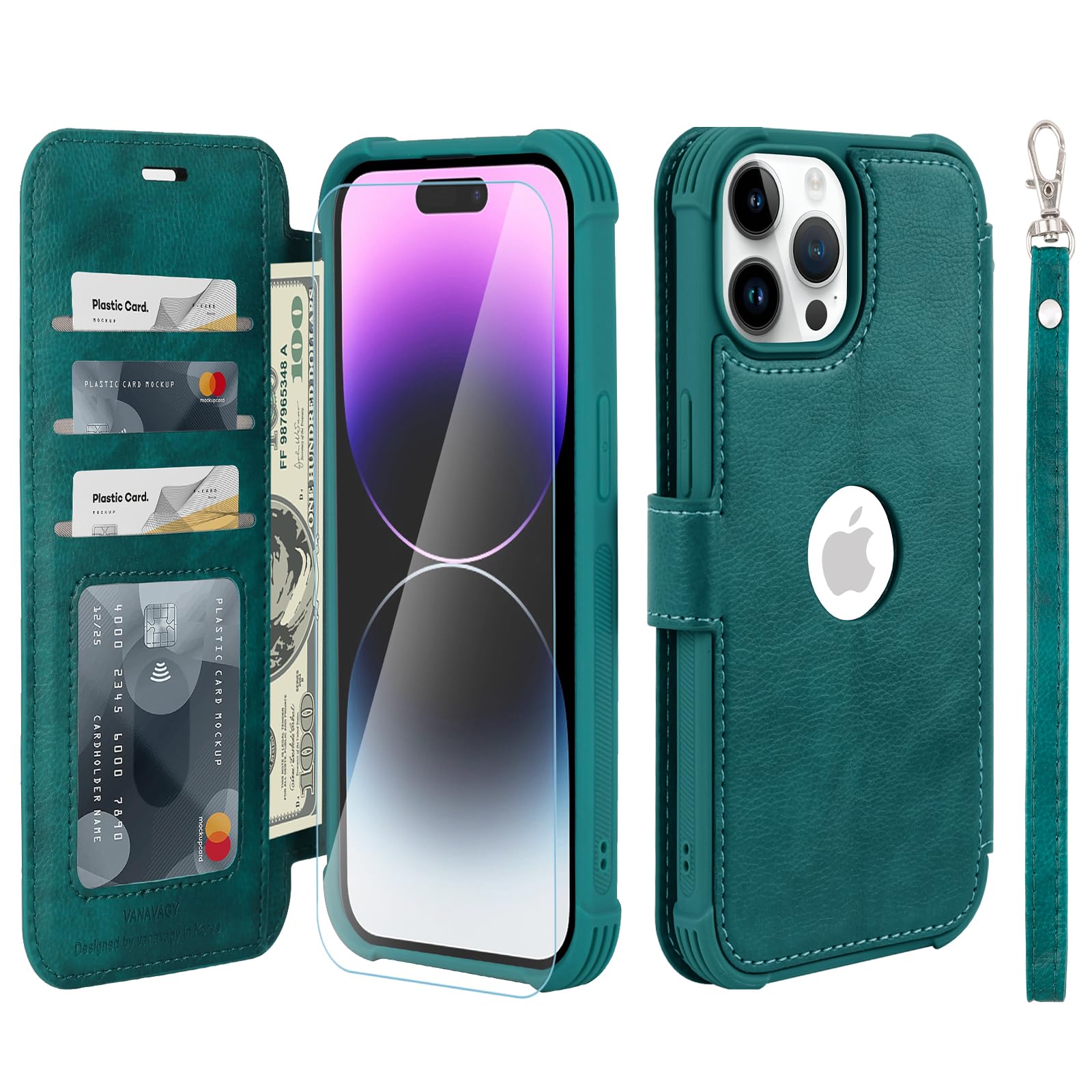 VANAVAGY Compatible for iPhone 14 Pro Wallet Case, 12ft Drop Protection, RFID Blocking PU Leather Flip Cover, Card Holder & Kickstand, Shockproof Phone Case for 14 Pro-6.1 Inch,Forest Green