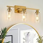 Jonsi 3 Light Brushed Gold Bathroom Vanity Lights with Fluted Glass Shade, Modern Gold Bathroom Lights Over Mirror