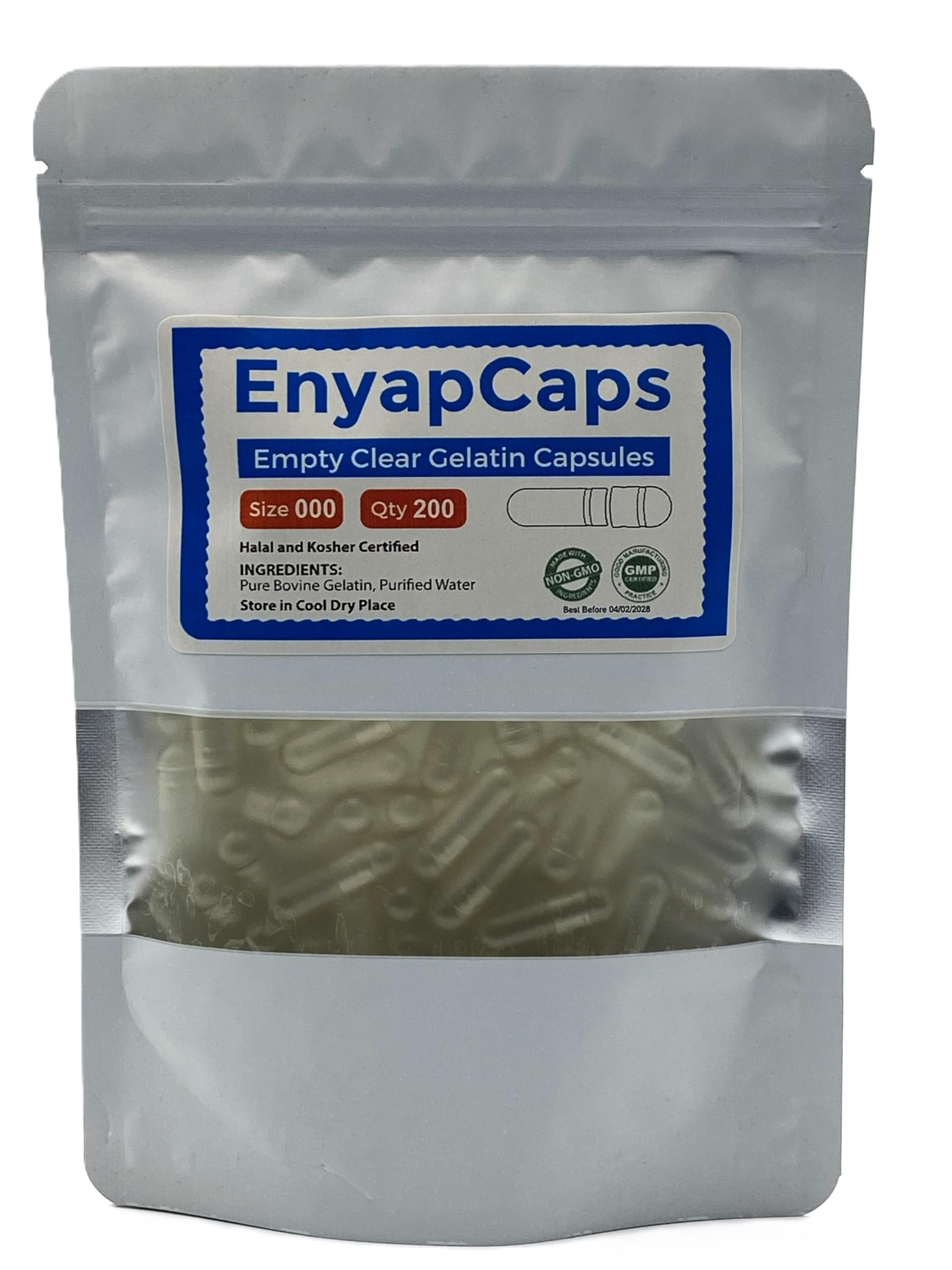EnyapCaps Size 000 Empty Gelatin Capsules - 200 Count Clear Extra Large Halal & Kosher Certified Empty Pill Caps for DIY Supplement Filling