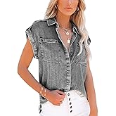 utcoco Women's Casual Loose Jean Shirts Cuffed Sleeveless Button Down Denim Shirt Tops with Pockets