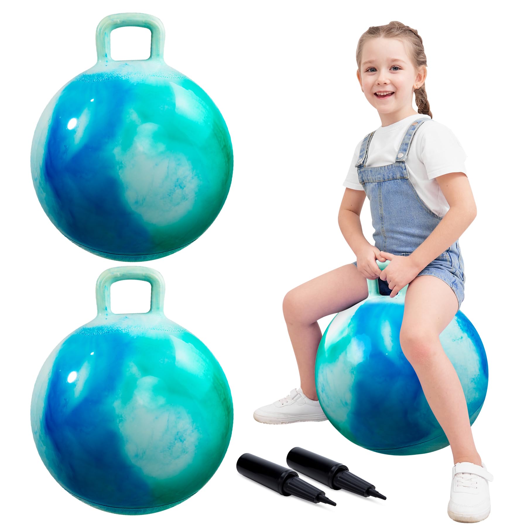 INPODAK 2 Pack Space Hopper 18inch Space Hoppers for Kids Age 3-8 Anti-slip Jumping Ball with Handle Inflatable Hopper Ball With Pump Hopping toy for Boy Girls Indoor Outdoor garden Game