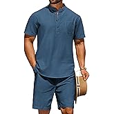 COOFANDY Men's 2 Piece Cotton Linen Sets Summer Beach Outfits Casual Short Sleeve Henley Shirts and Vacation Shorts
