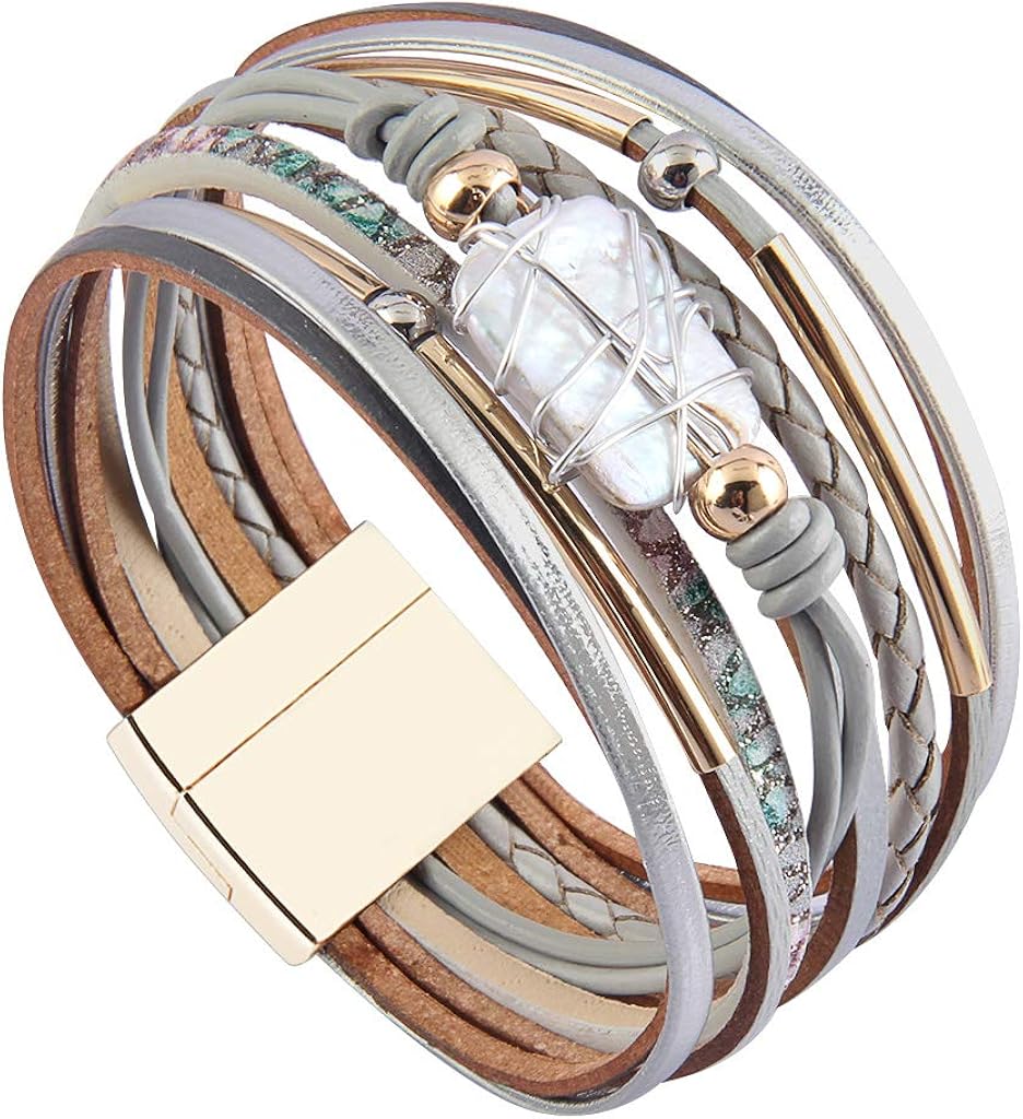 GelConnie Baroque Pearl Leather Cuff Bracelet Multi Strand Wrap Bracelets Magnetic Bohemian Bracelet for Women, Wife, Sister LPB325-Grey: Jewelry