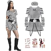 5PCS Prisoner Costume Women, Adult Jail Inmate Outfit with Tattoo Stickers Fishnet Stockings Fancy Halloween Dress Up