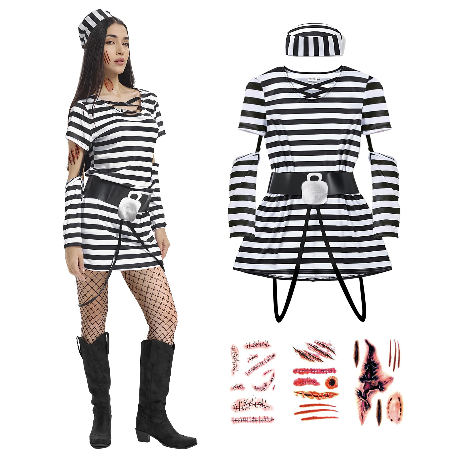 Photo 1 of 5PCS Prisoner Costume Women, Adult Jail Inmate Outfit with Tattoo Stickers Fishnet Stockings Fancy Halloween Dress Up (Small)