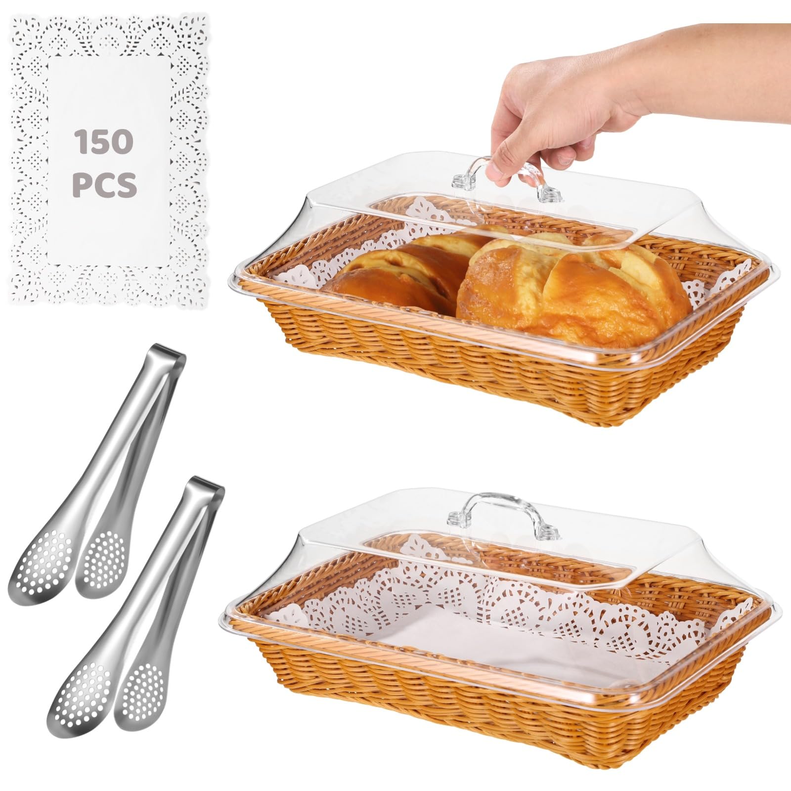 Photo 1 of 2 Pack Large Wicker Bread Basket with Lid, 13.8''×9.6'' Rectangular Plastic Imitation Rattan Woven Serving Basket with 2 Stainless Steel Tongs?150 Paper Liners for Food Baking Display