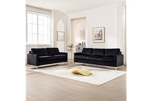 DEOLME Sofa and Loveseat Set 2 Piece, Comfy Velvet Tufted Couch and Loveseat Sets Living Room Furniture Sets with Gold Leg, Modern Couches Sofas Sets of 2 Love Seat for Bedroom Office Juego De Sala (Black)