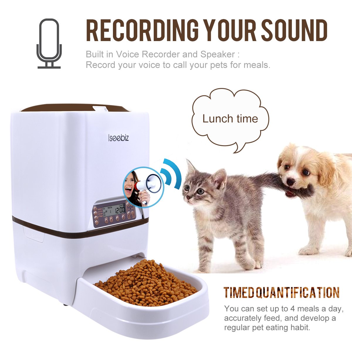 Automatic Pet Feeder Dogs Cats Food Dispenser With Voice Record