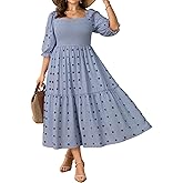 Women's Plus Size Maxi Dress Puff Short Sleeve Square Neck Floral Casual Boho Tiered Smocked Ruffle Flowy Long Dresses