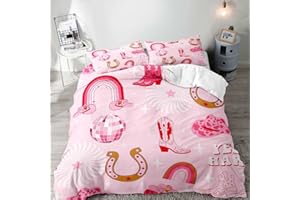 LUVIVIHOME 3PCS Disco Cowgirl Duvet Cover Full Bedding Set, Preppy Bedding, Teens Girls Bedding, Western Cowboy Cowgirl Boots Hat Horseshoe Howdy Rodeo Hot Pink Comforter Quilt Cover, 2 Pillow Shams