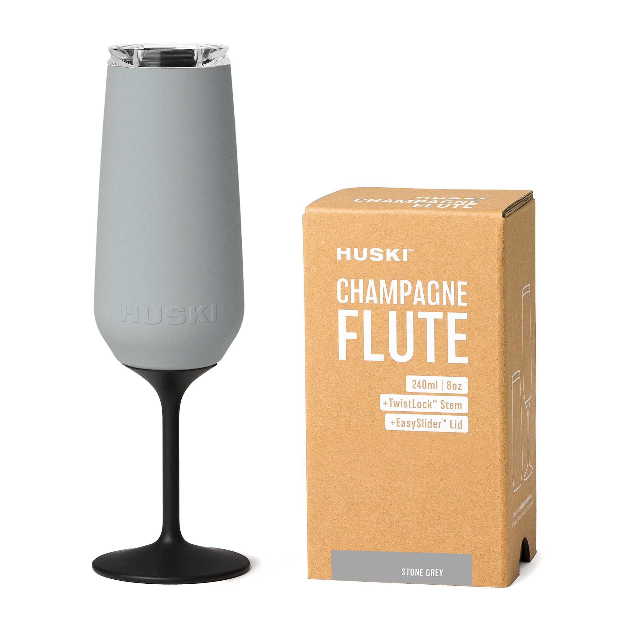 Huski Champagne Flute | New | Award-Winning Design with Detachable Stem | Premium Stainless Steel Champagne Glass with Lid | Triple Insulated Tumbler | 240ml Capacity | Great Gift (Stone Grey)