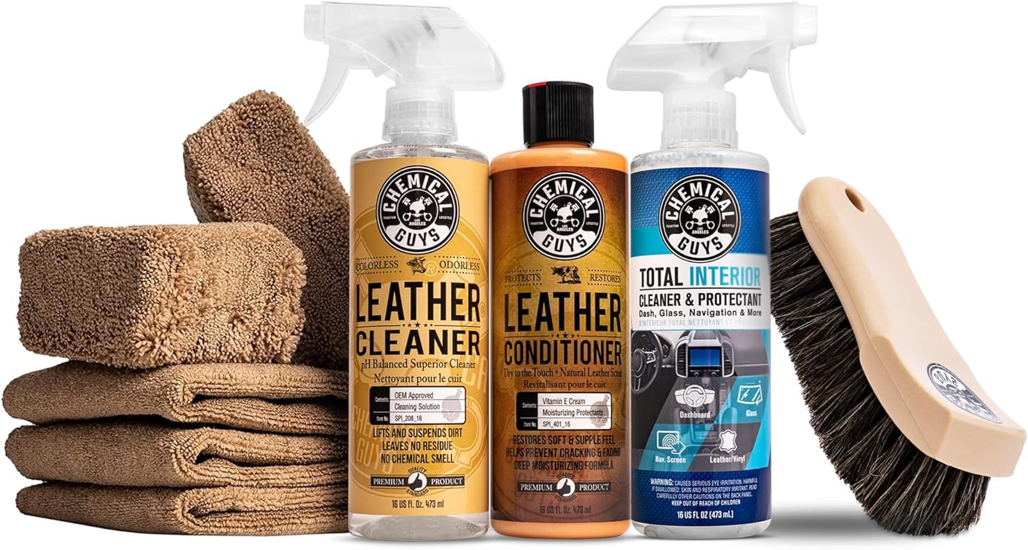 Chemical Guys Complete Leather Cleaner and Conditioner Detailing Kit with Total Interior, for Cars, Home, Office, and More (Works on Natural, Faux Leather and More) 9 Items - HOL412 Image