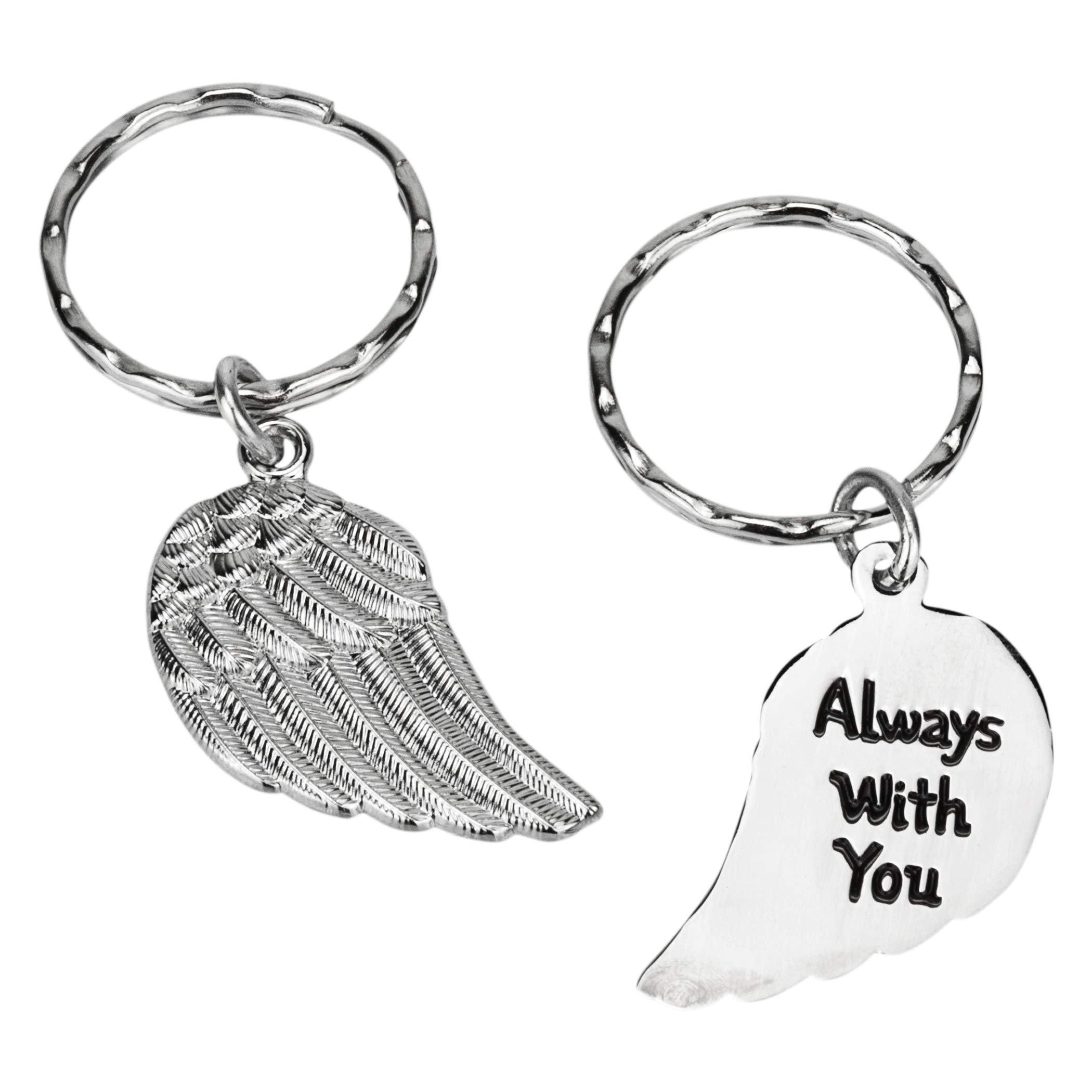 Angel Wing metal Keyring – Always With You message. Metal keyring, double sided keyring with a detailed feathered effect angel wing and 'Always with you' inscribed on the reverse side.