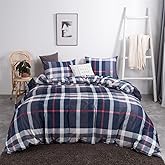 CLOTHKNOW Blue Plaid Full Size Comforter Sets Tartan Bedding Comforter Sets All Season Blue Red Grey Grid Comforter with 2 x Pillow Cases