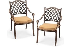VINGLI Patio Chairs Set of 2 - Stackable Outdoor Cast Aluminum Dining Chairs with Vintage Bronze Finish and Diamond Pattern, Metal Armchairs for Poolside, Backyard, Balcony (with Cushion)