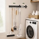 DegMongee Slide Out Broom Holder 16"-Wide with 9 Movable Hooks Black | Pull Out Broom And Mop Storage for Garage, Cabinet, Laundry, Utility Room