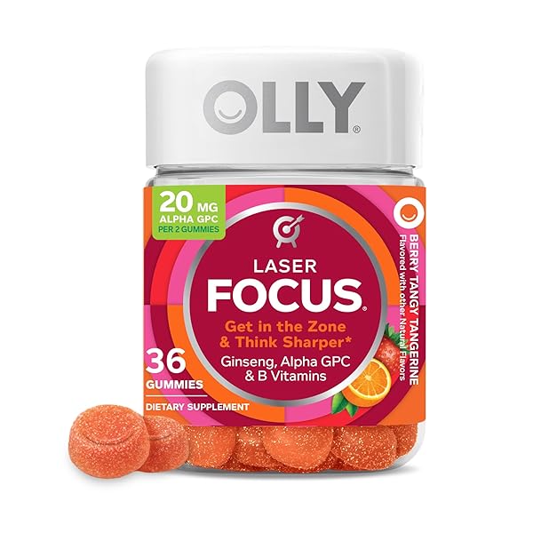 OLLY LASER FOCUS GUMMY, GINSENG, ALPHA GPC, B VITAMINS, BERRY TANGERINE FLAVOR – 36 COUNT