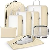 Gonex 8 Set Expandable Mesh Packing Cubes for Travel Essentials, Compression Organizer with Toiletry, Laundry, Shoe, Cable Bags - Beige