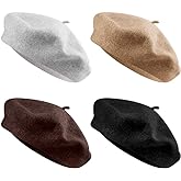 Quacoww 4 Pieces Beret Hat French Style Beanie Hats Fashion Ladies Beret Caps Outdoor Hat, Black, Brown, Gray and Khaki