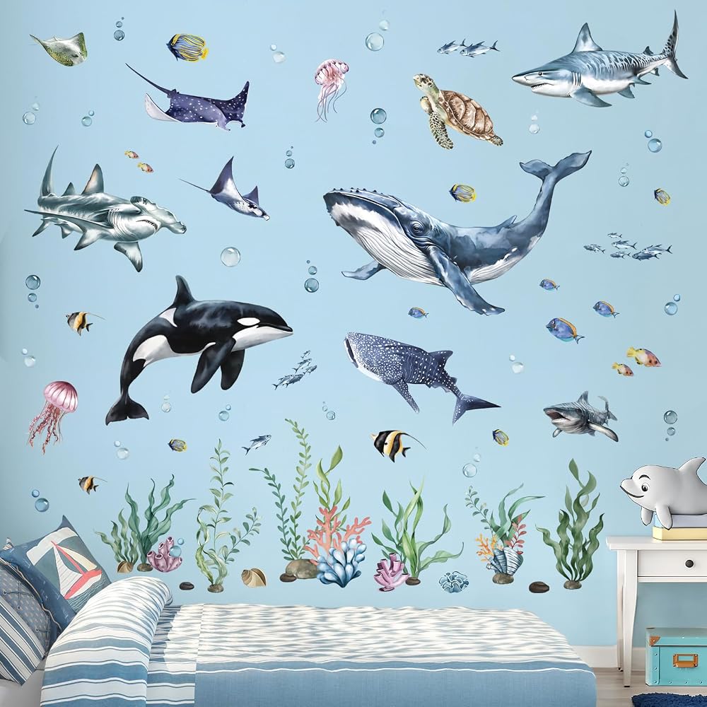 decalmile Under The Sea Large Sharks Wall Decals Ocean Family Room Kids Bedroom