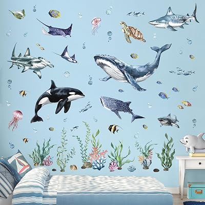 decalmile Under The Sea Large Sharks Wall Decals Ocean Family Room Kids Bedroom