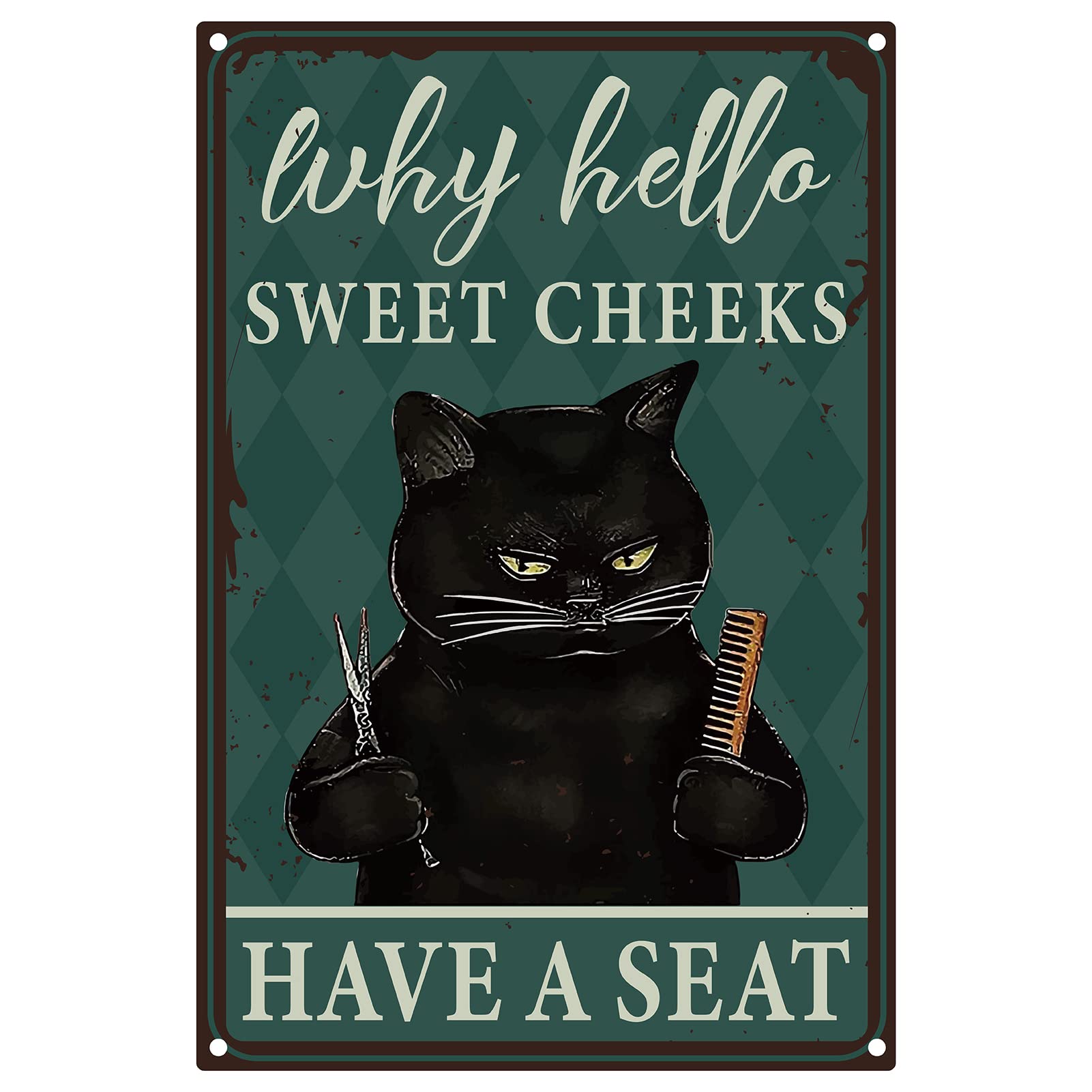 CREATCABIN Cat Barber Metal Tin Sign Sweet Cheeks Have A Seat Vintage Tin Sign Funny Hanging Poster Sign Decor for Barbershop Bathroom Kitchen Cafe Home Bar Living Room Christmas Halloween 8 x 12inch