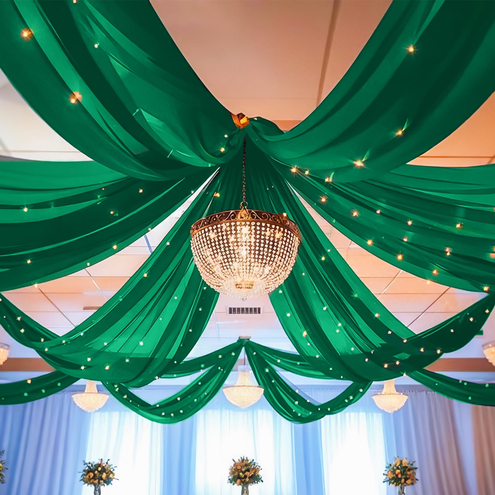 Photo 1 of REWOMC 6 Panels Emerald Green Ceiling Drapes for Wedding 5ftx10ft Chiffon Fabric Arch Draping Curtains Sheer Drapery for Party Ceremony Birthday Baby Shower Reception Stage Swag Ceiling Decorations