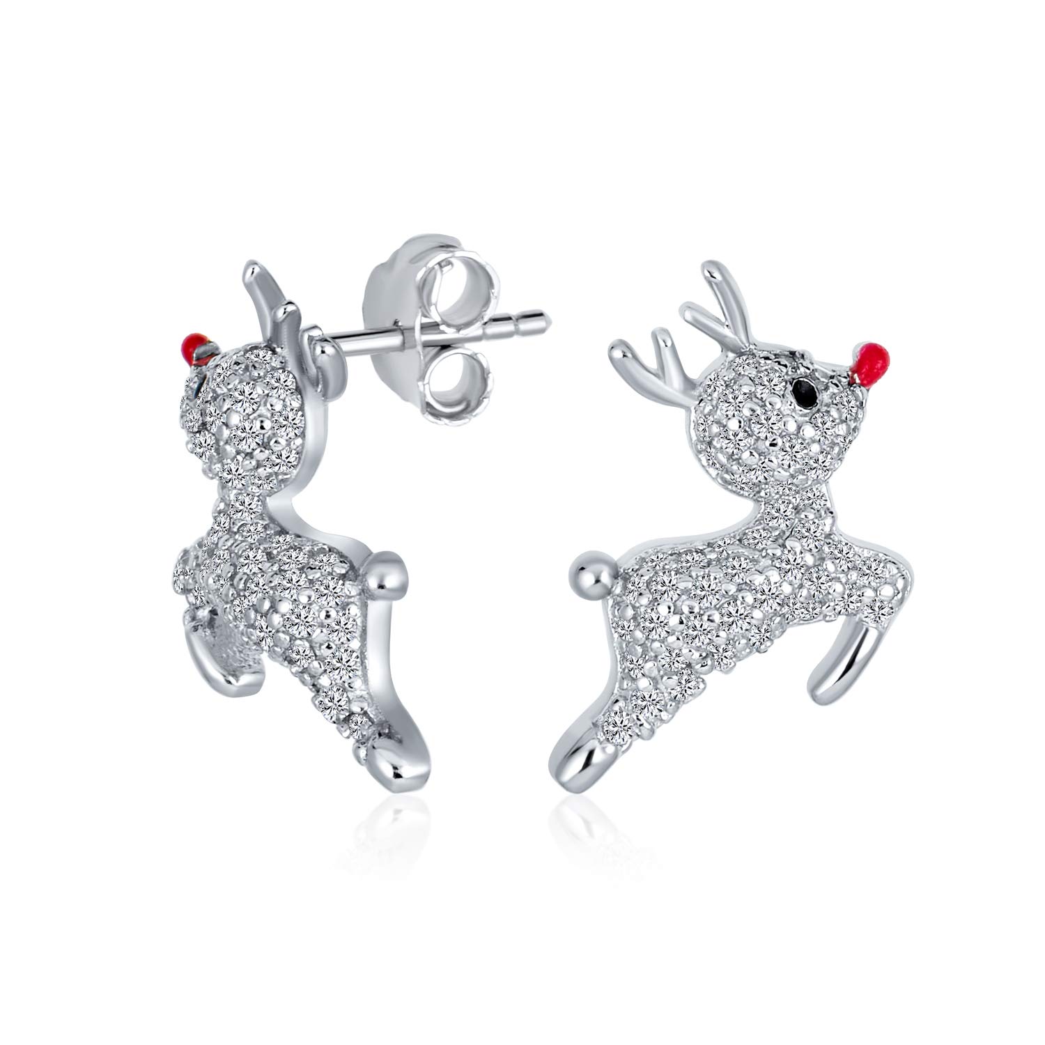 Delicate CZ Encrusted Pave Cubic Zirconia Holiday Xmas Christmas Rudolph Red Nose Reindeer Stud Earrings For Teen Women .925 Sterling Silver