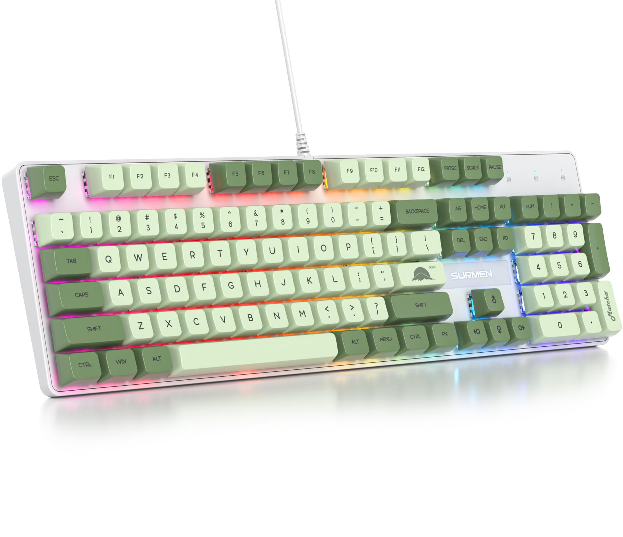 Fogruaden Mechanical Keyboard, Green Matcha, Wired USB 104 Key RGB Backlit Gaming Keyboard with Number Pad, Red Switches, NKRO for Windows Laptop PC Gamer