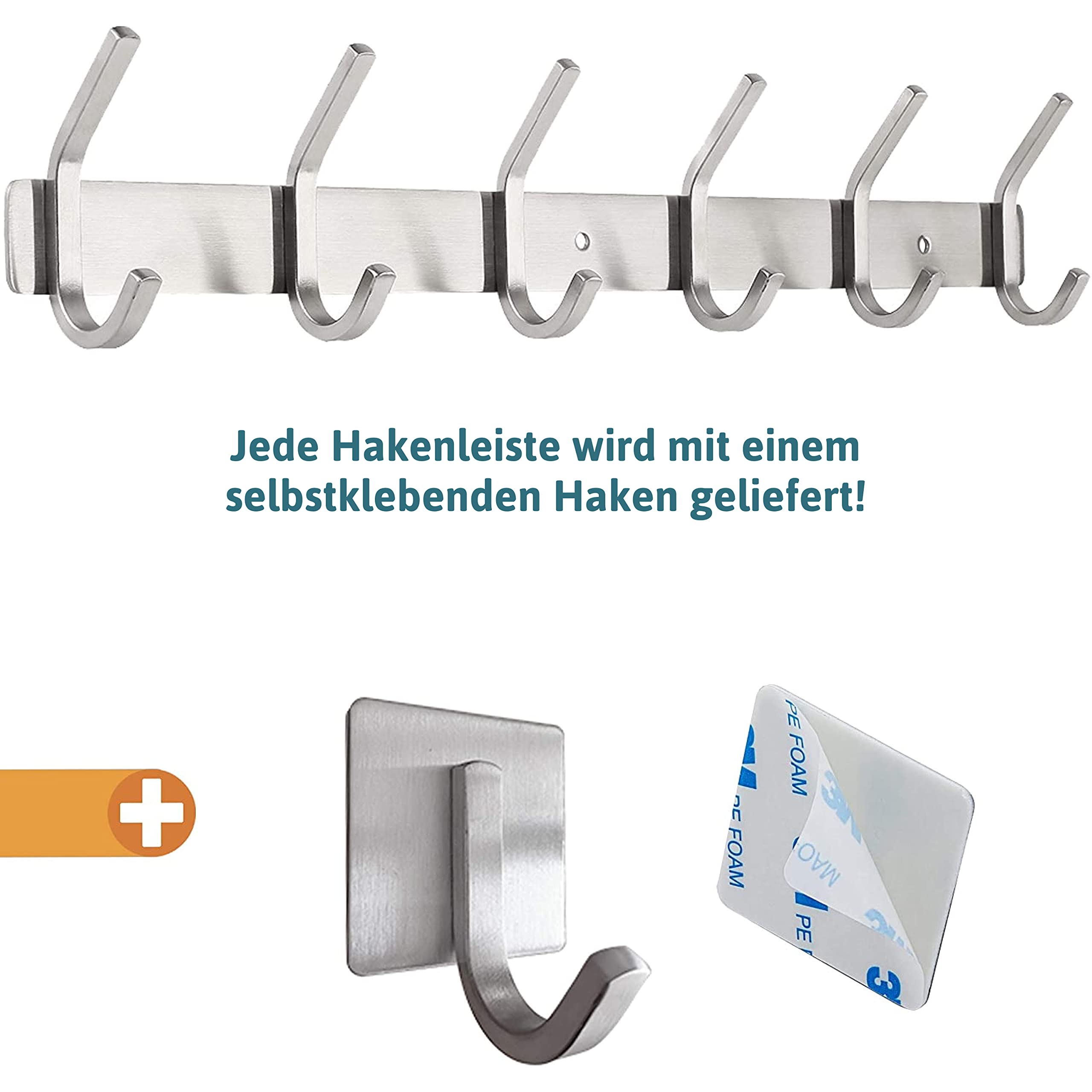smartpeas Kleiderhaken Garderobenleiste - Rostfreier Gebürsteter Edelstahl - Chrome Matt Kleiderhaken Wand - 6 Feste Haken Halten Bis 30Kg - Plus: 1 Selbstklebender Haken 4