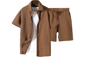 BEAUDRM Boy's 2 Piece Solid Textured Short Sleeve Collar Neck Button Front Blouse Shirt Top and Shorts Sets Without T-shirt