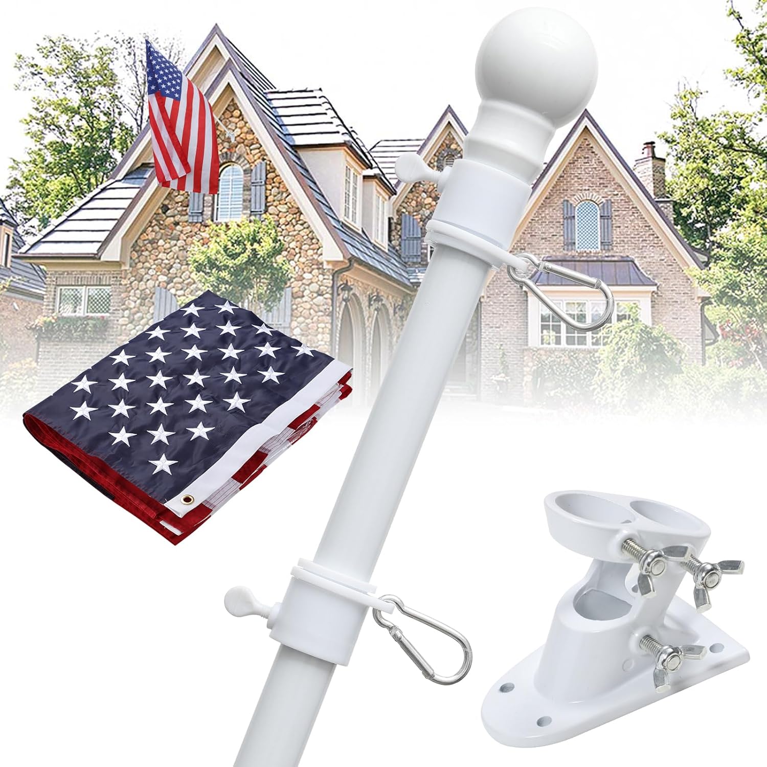 Flagpole Hardware - American Flag with Pole Kit - Includes 5ft Tangle Free Flag Pole Holder for Outside House,Heavy Duty 3x5 US Embroidered Flags,Wall Mount Bracket - for Porch Garage Yard Outdoor Truck Jeep Boat,White