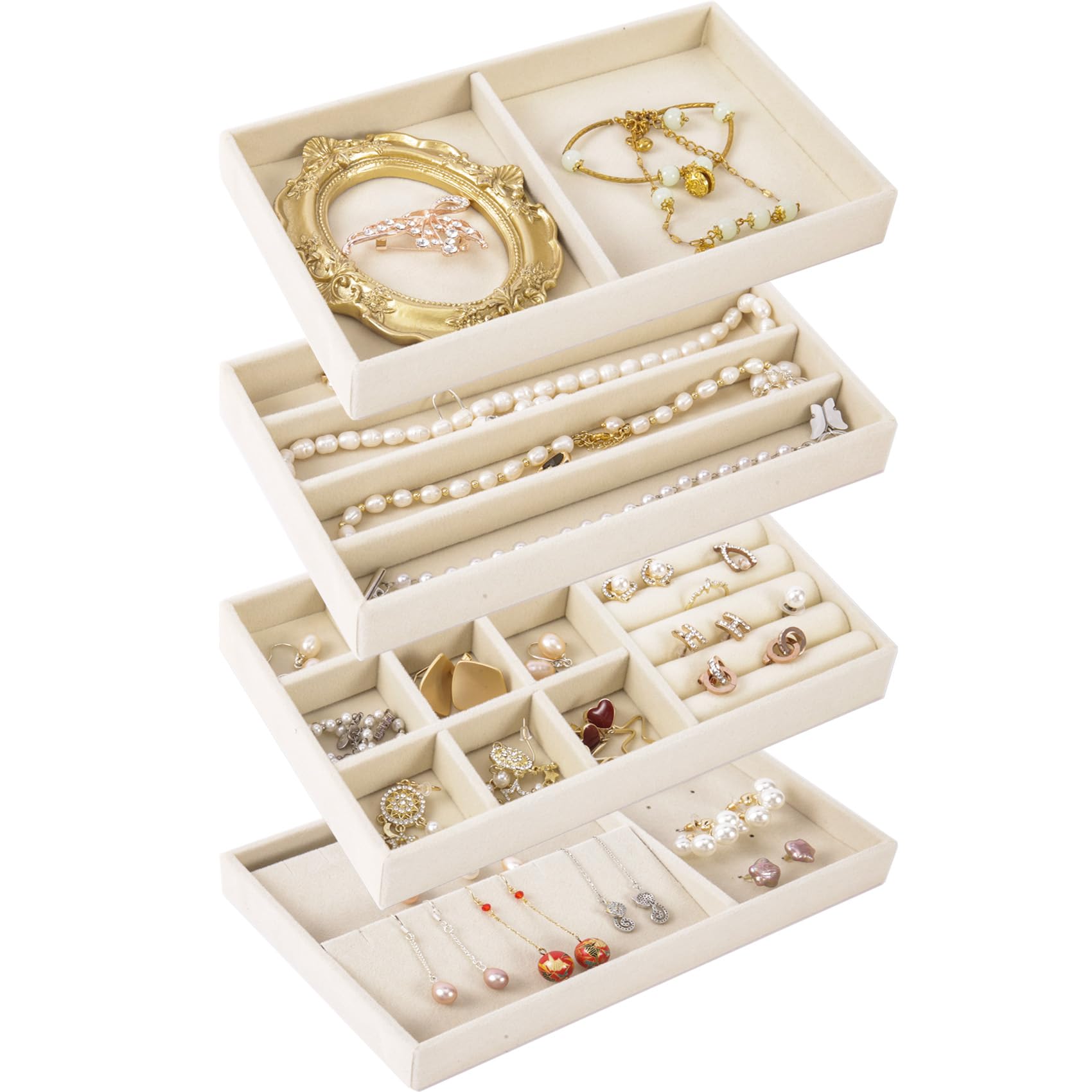 Photo 1 of **DAMAGED**
Cecijelry New Jewelry Drawer Organizer Inserts, Stackable Velvet Jewelry Storage Tray for Dresser Drawers, Beige Flat Stacking Display Case for Rings Stud Necklaces Accessories, Set of 4