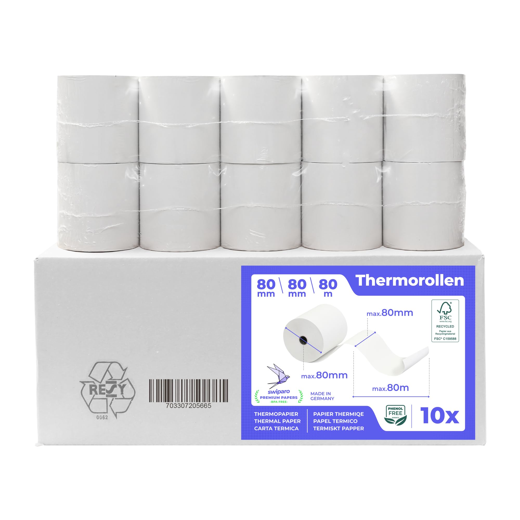 SWIPARO - Thermal Rolls 80 mm x 80 m x 12 mm for Mini Printer - Till Rolls - Certified for Cash Register with Receipt Printer - Thermal Paper 80 x 80 x 12 (10 Rolls)