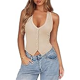 Pungdra Womens Button Down Tank Top for Women Ribbed Button Up Halter Fitted Vest Summer Sexy Trendy Cute Crop Going Out Tops