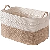 Extra large laundry basket woven from natural cotton rope with handles storage blankets for living rome big decorative quilted baskets for clothes toys pillows hamper 24"x16"x14" white/brown