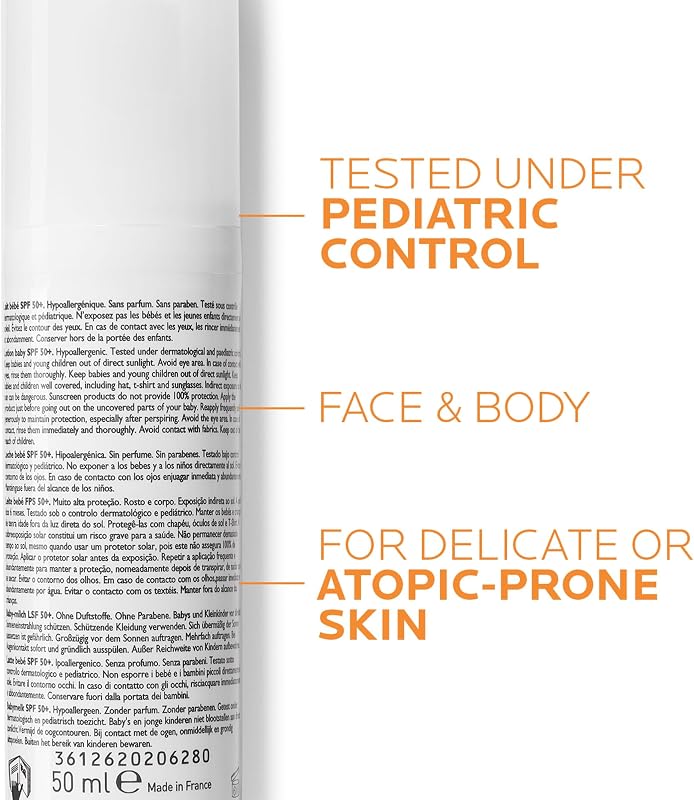 La Roche Posay Sun Milk for Baby, protetor solar com SPF50+, previne o stress oxidativo e o aparecimento de manchas, água, suor e areia, Anthelios Dermo-Pediatrics, 50 ml