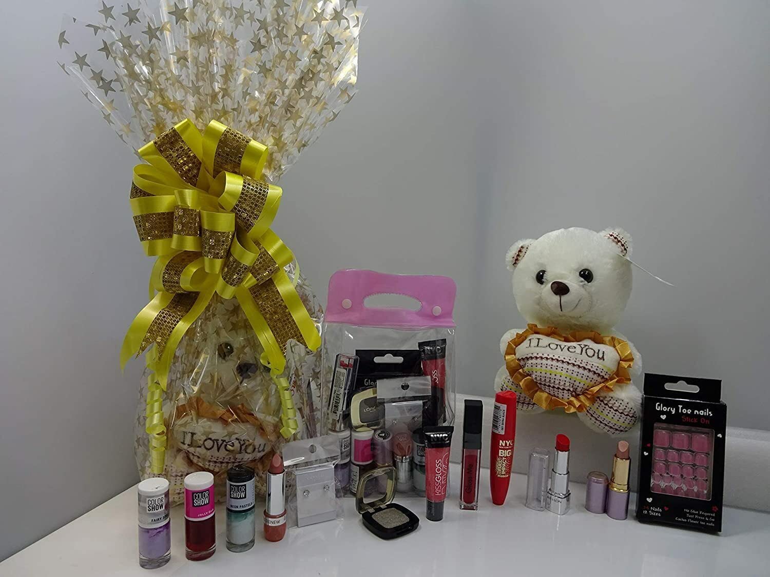 Make Up & Teddy Bear Gift Hamper For Her, Mix Brands Make Up Items, Love Inscribed Teddy Gift Wrapped