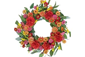 Idyllic 18 Inches Bright Floral Wreath- Artificial Colorful Daisy and Green Leaves Wreath for Summer Indoor Decor