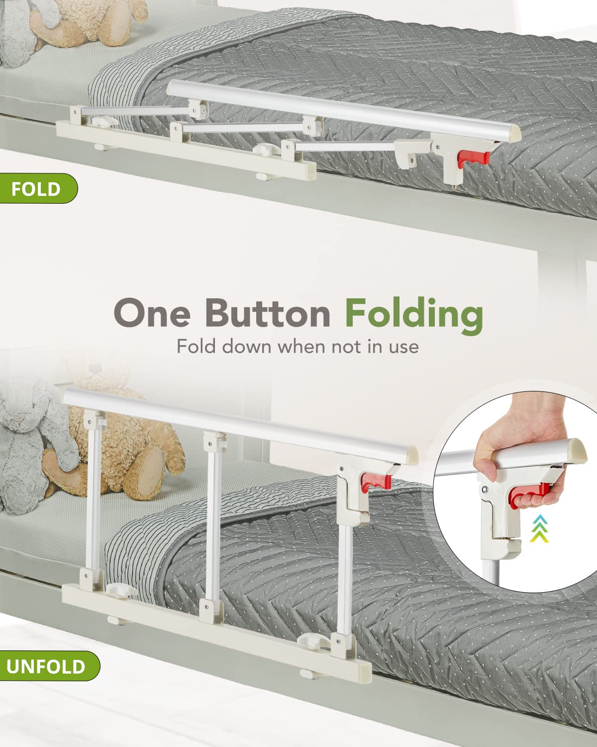 OasisSpace Bed Safety Rail - Folding Bed Rail for Elderly Adults, Bed Guards for Seniors, Bed Assist Handle for Preventing Falling, Fit King, Queen, Full, Twin, 28.5x16